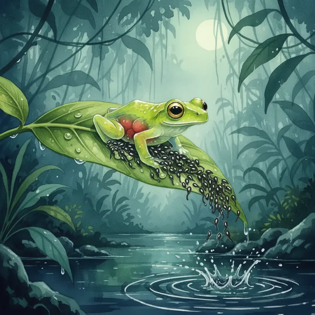 Los renacuajos caen de la hoja al río mientras la rana los observa.