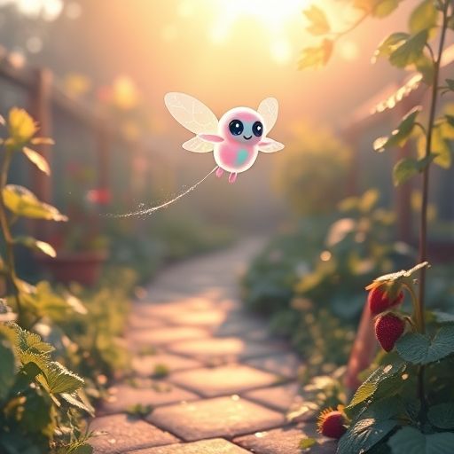 Silu, una chispa de curiosidad, flotando en un huerto escolar al amanecer.