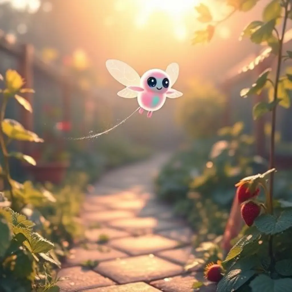 Silu, una chispa de curiosidad, flotando en un huerto escolar al amanecer.