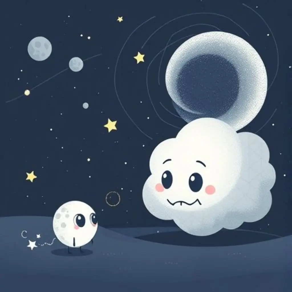 Lunita Polvo se acerca tímidamente al Señor Nebulosa, una nube de polvo espacial gruñona pero sabia, para pedirle ayuda con un sueño descontrolado.