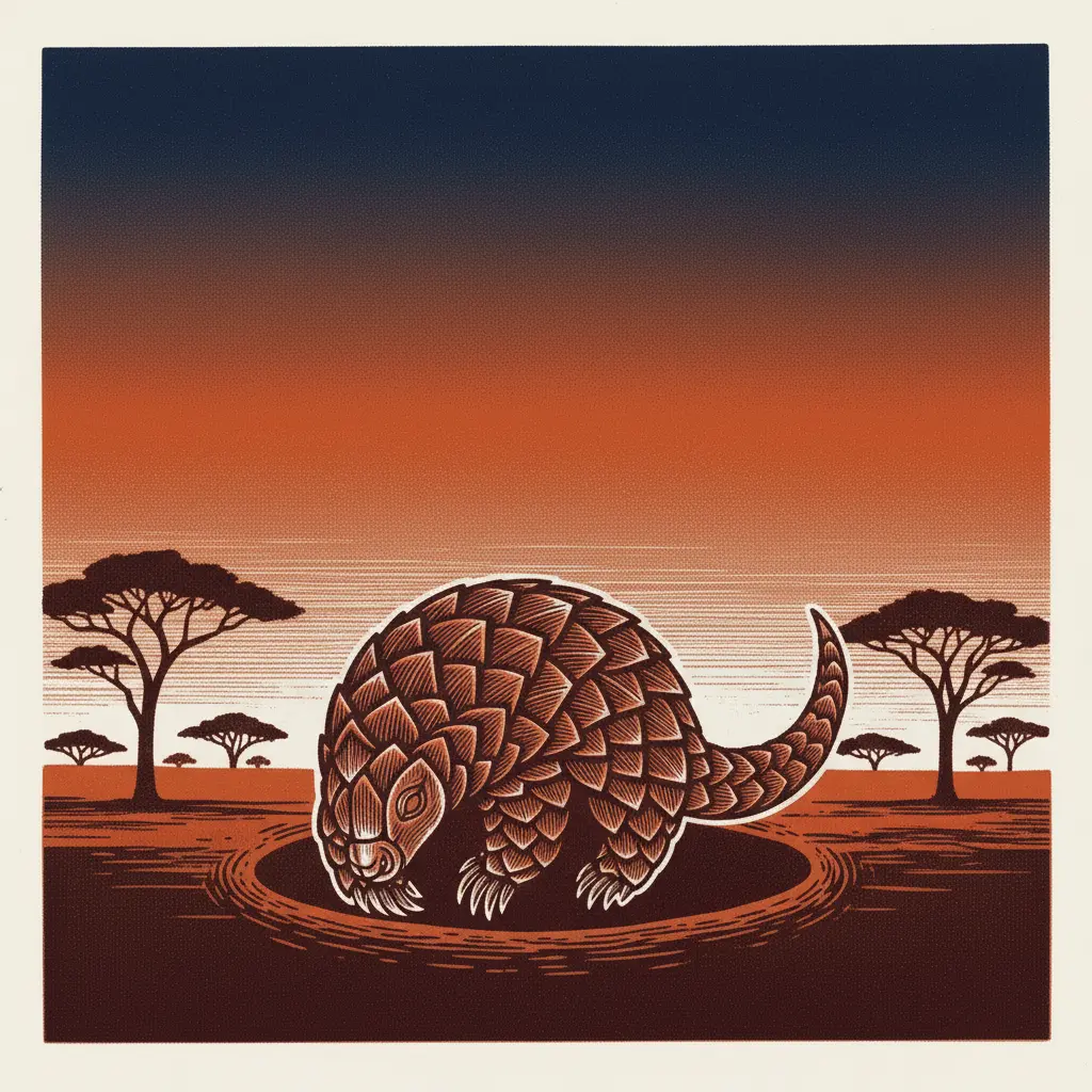 Un pangolín con escamas marrones saliendo de su madriguera al atardecer.