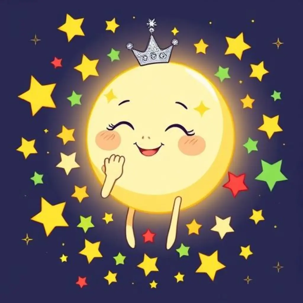 Lunita Clara brillando feliz y fuerte, rodeada de muchas estrellas de colores.
