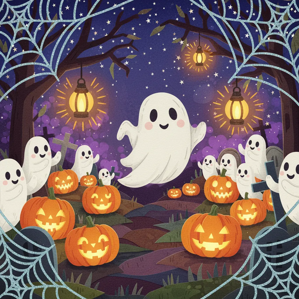 Casparín el fantasma baila su estilo único y ondulante en el Baile Espectral, asombrando a todos los fantasmas y calabazas bajo un cielo estrellado de Halloween.