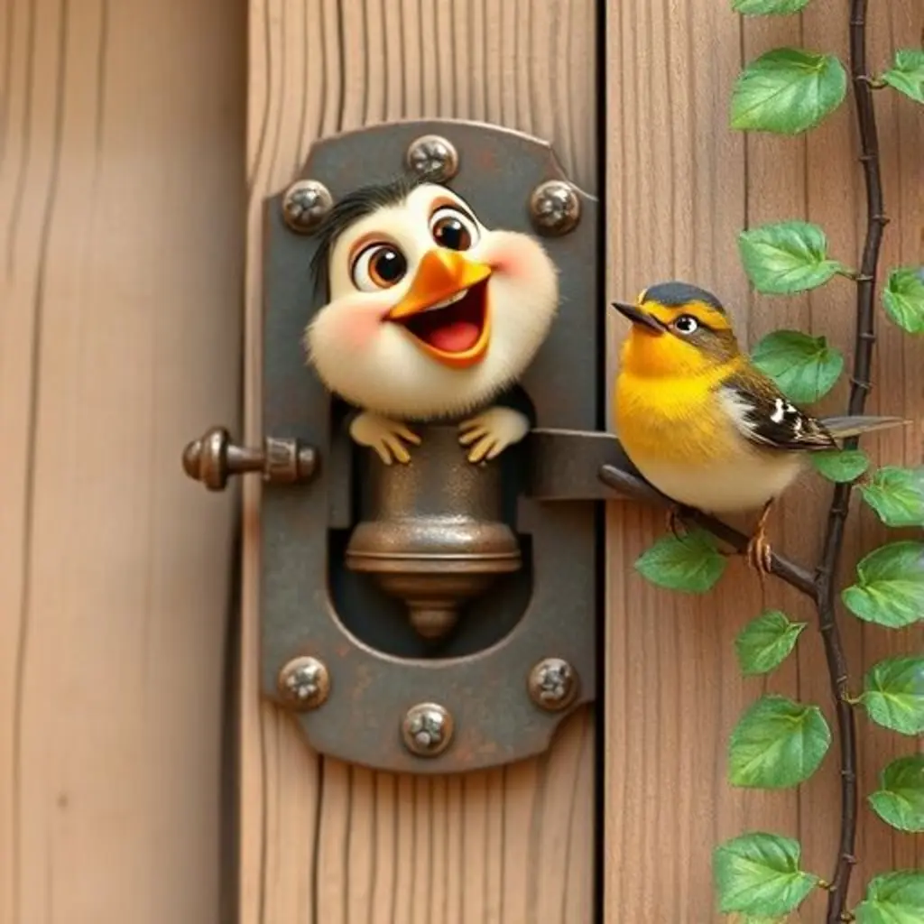 La bisagra Bisagra Chirrido, feliz, mientras un gorrión la escucha con curiosidad.