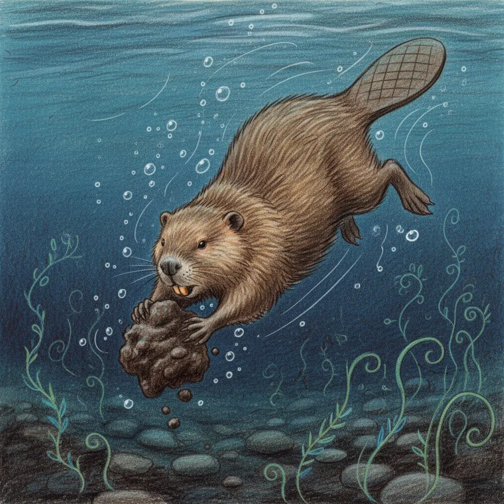 El castor bucea para recoger barro del fondo del río con sus patas delanteras.