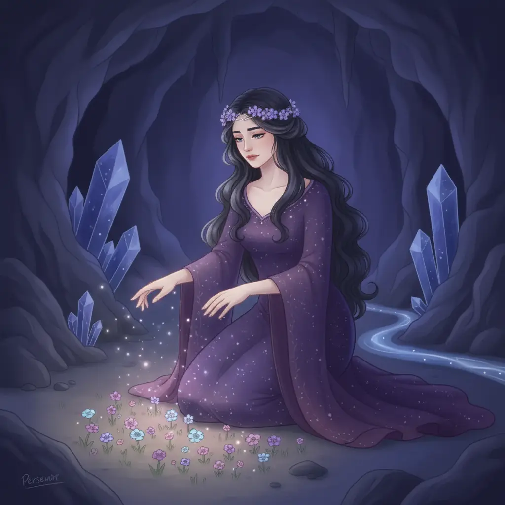 Perséfone acaricia florecitas dormidas en el inframundo, con un brillo tenue en sus manos.