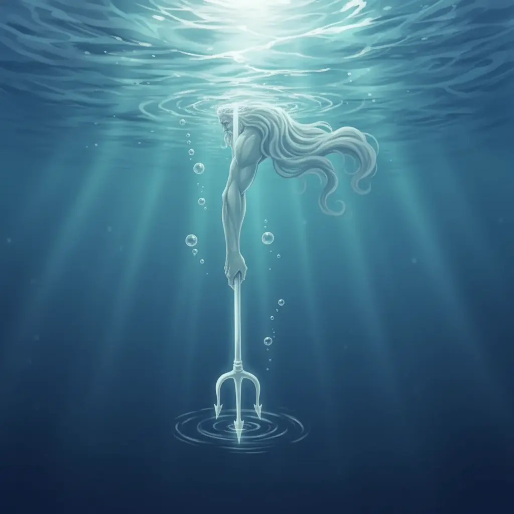 El océano siente la llegada de Poseidón, cuyo tridente brilla bajo el agua.