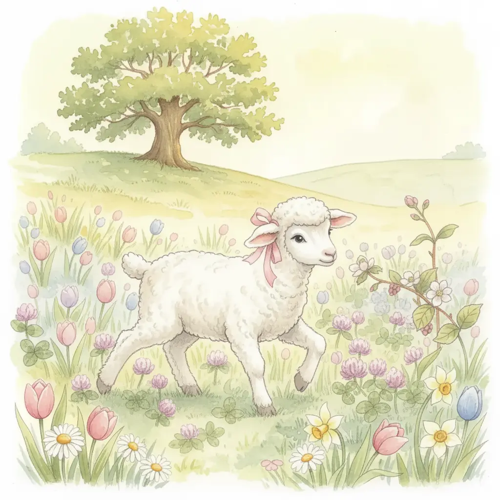 Una ovejita blanca con un lazo rosa camina por un prado lleno de flores bajo el sol primaveral.