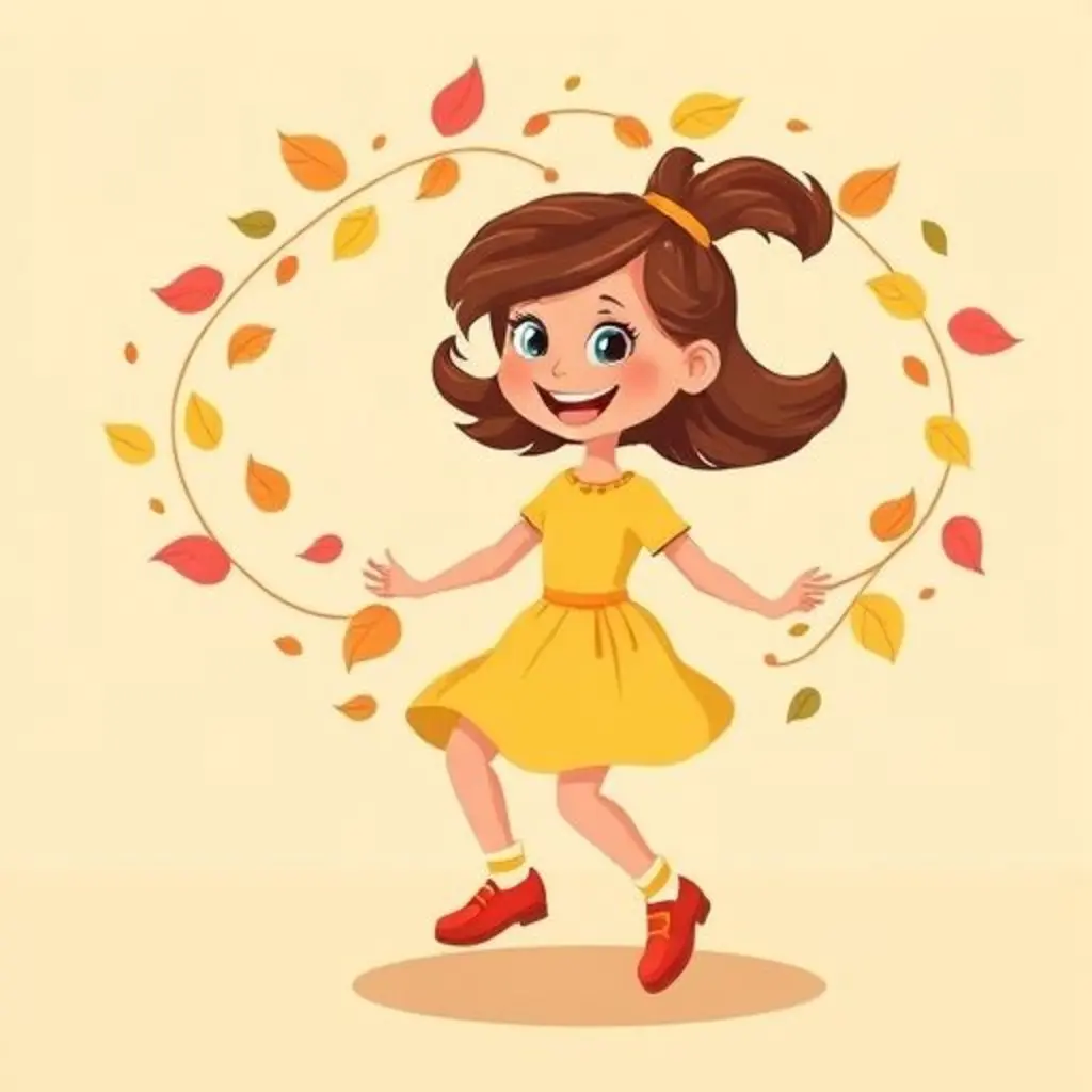 Cuerdita gira feliz, creando dibujos voladores de hojas y pétalos.