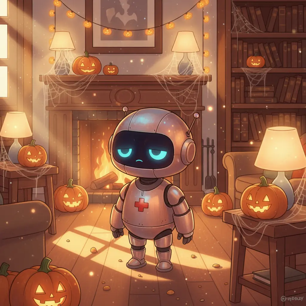 Aspirín, el robot, se ve aburrido en un suelo con polvo, con decoraciones de Halloween al fondo.