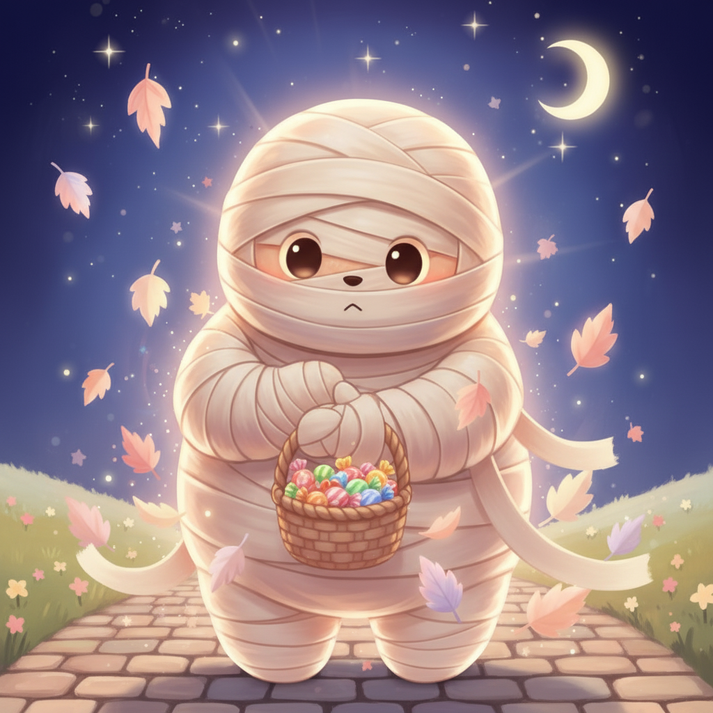 Momia Mimosín, una momia suave, sosteniendo una cesta de caramelos bajo la luz de la luna, lista para el Truco o Trato.
