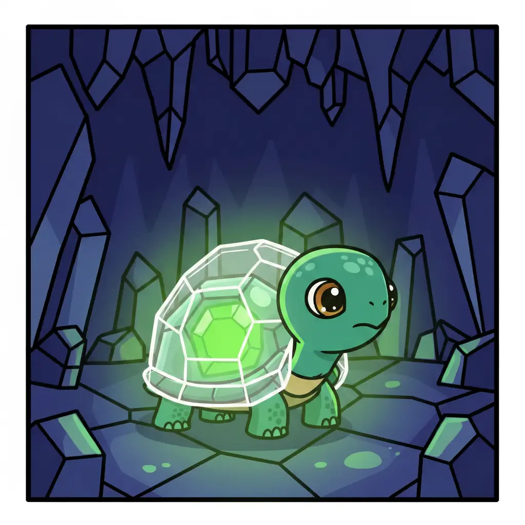 Mira duerme con la cabeza dentro de su caparazón de cristal esmeralda.