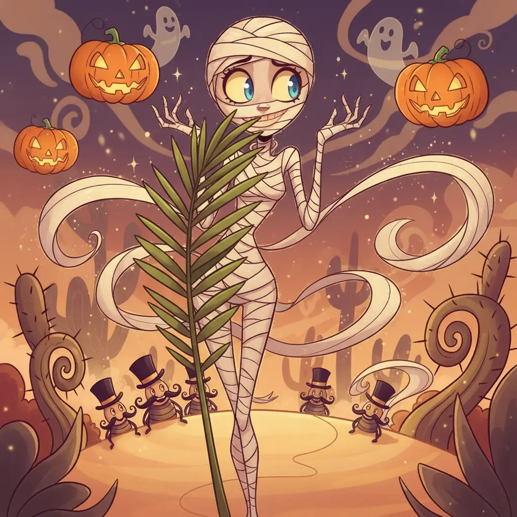 Momilina, una momia delgadísima, se esconde tímidamente detrás de una ramita de palmera, observando los preparativos de Halloween.