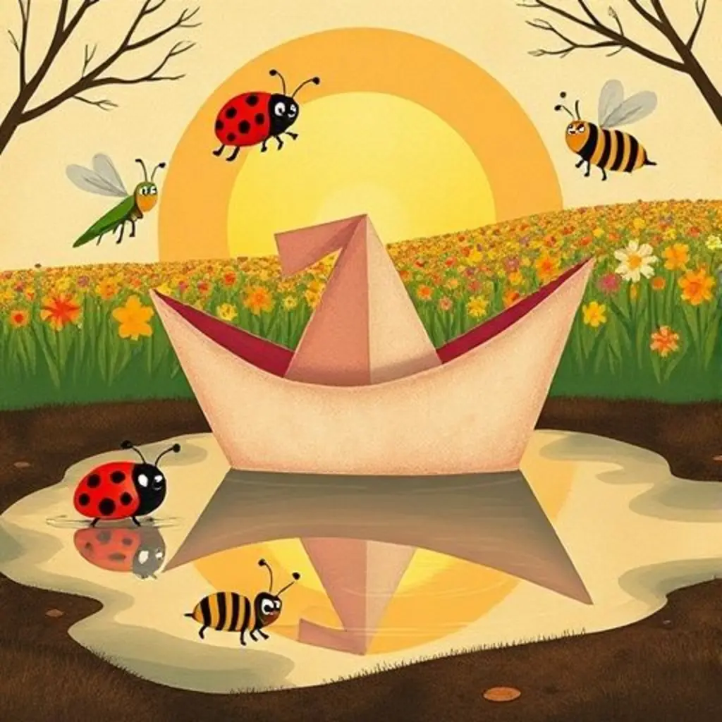 Botecito observa a los insectos felices en el charco al atardecer.