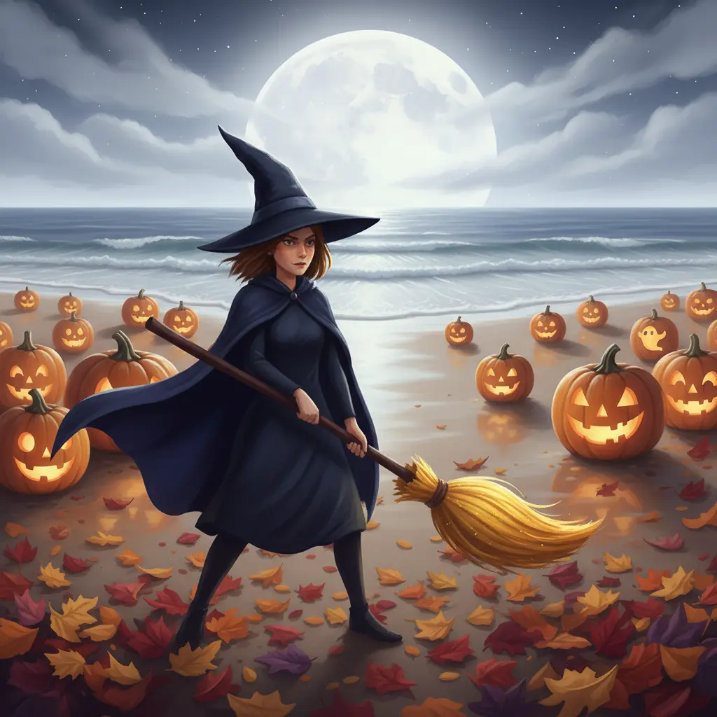 Vuelín, la escoba brillante, brinca en la arena junto a Bruja Berta bajo la luna.