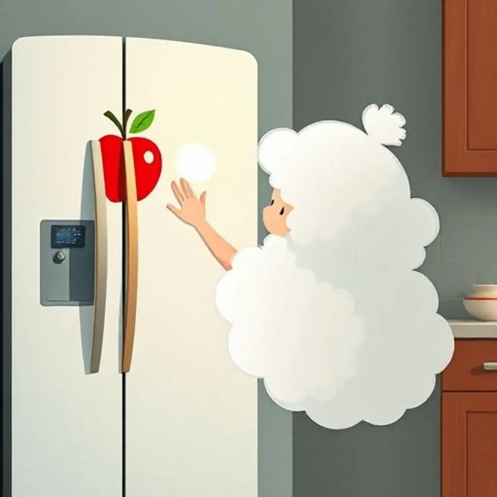 Chispa, una nube de vapor, toca un dibujo de una manzana en la nevera, y un pequeño soplo de aroma emerge de ella.