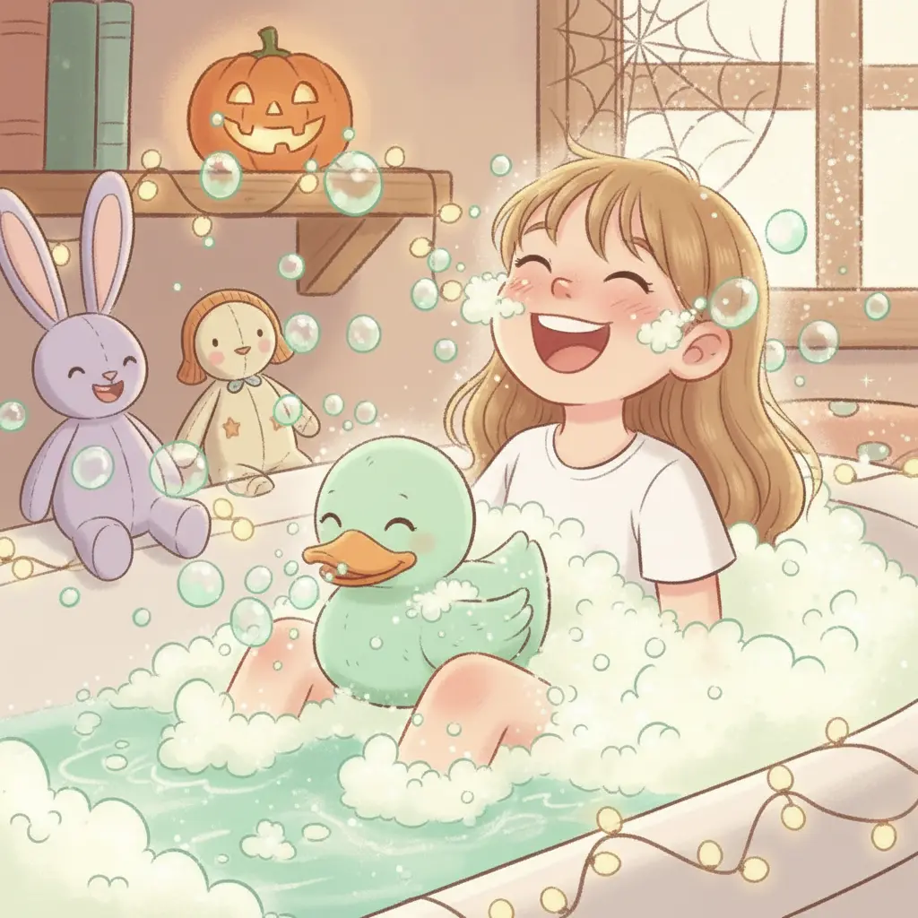 La niña ríe a carcajadas mientras las burbujas de Patito de Menta bailan en el baño.
