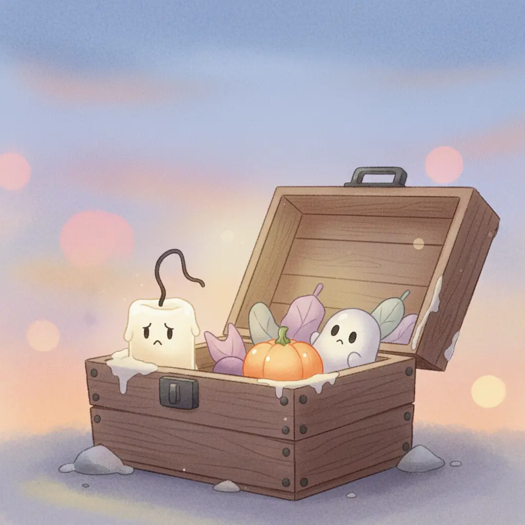 Antorcha Pequeña, una vela diminuta y triste, en una caja de decoraciones antiguas.