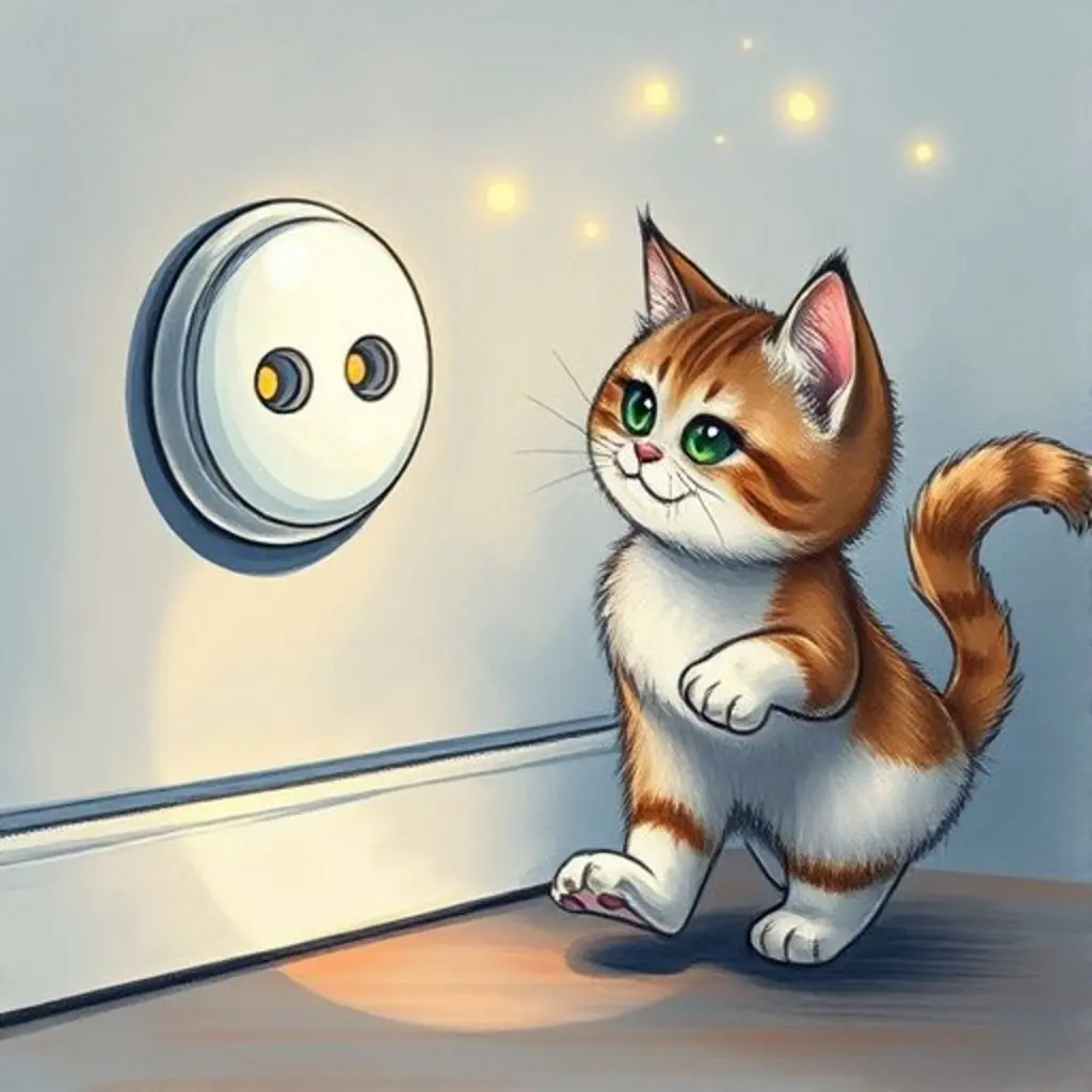 Botoncito proyecta luces que el gato Miau persigue alegremente en la pared.