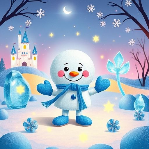 Todas las esculturas de hielo en el jardín, incluyendo un castillo, un perrito y una flor, brillan juntas con la luz de Copito, el copo de nieve.