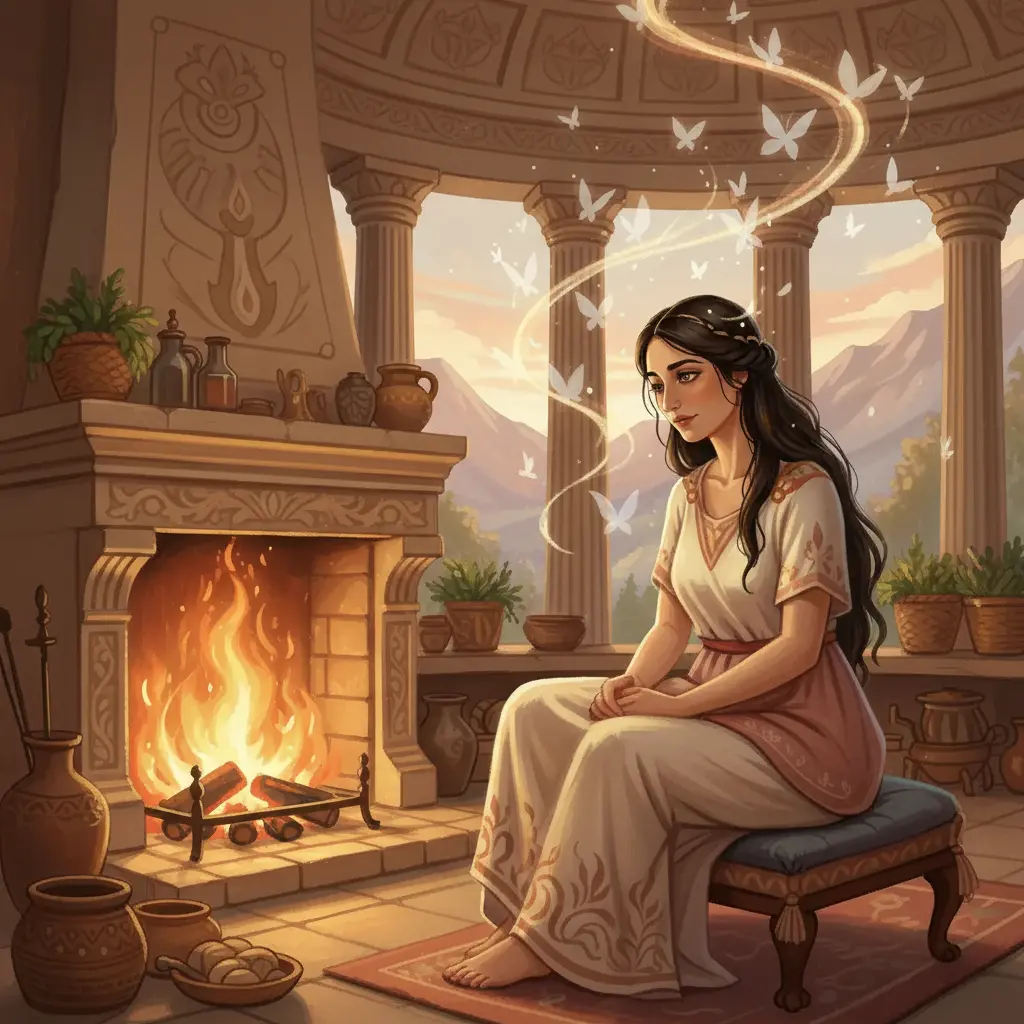 Hestia sentada pensativa frente a una chimenea silenciosa, mirando las brasas.
