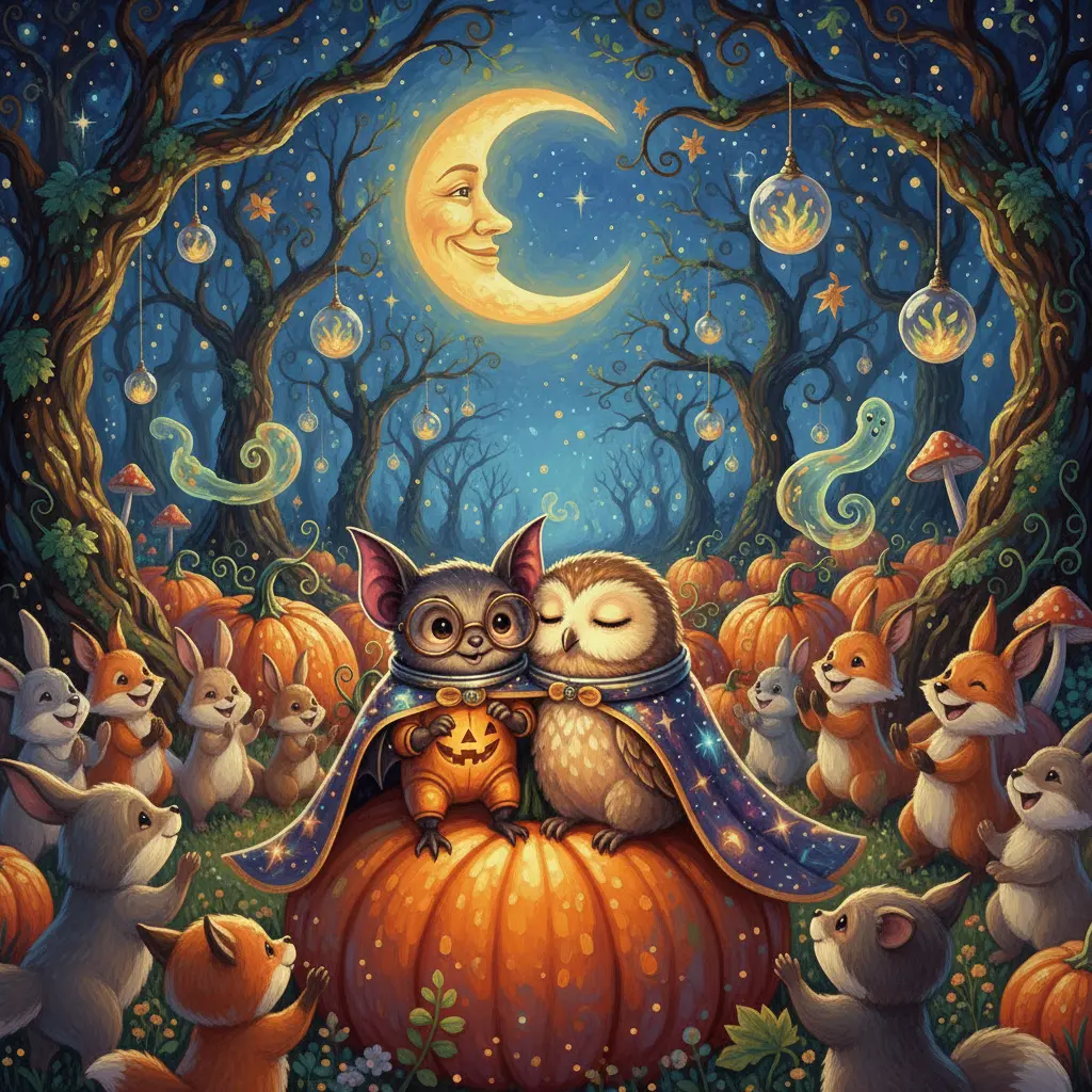 Pip ayuda a un búho dormilón a ponerse una capa extra de su disfraz, sentados sobre una calabaza brillante en el bosque, bajo la luna sonriente.