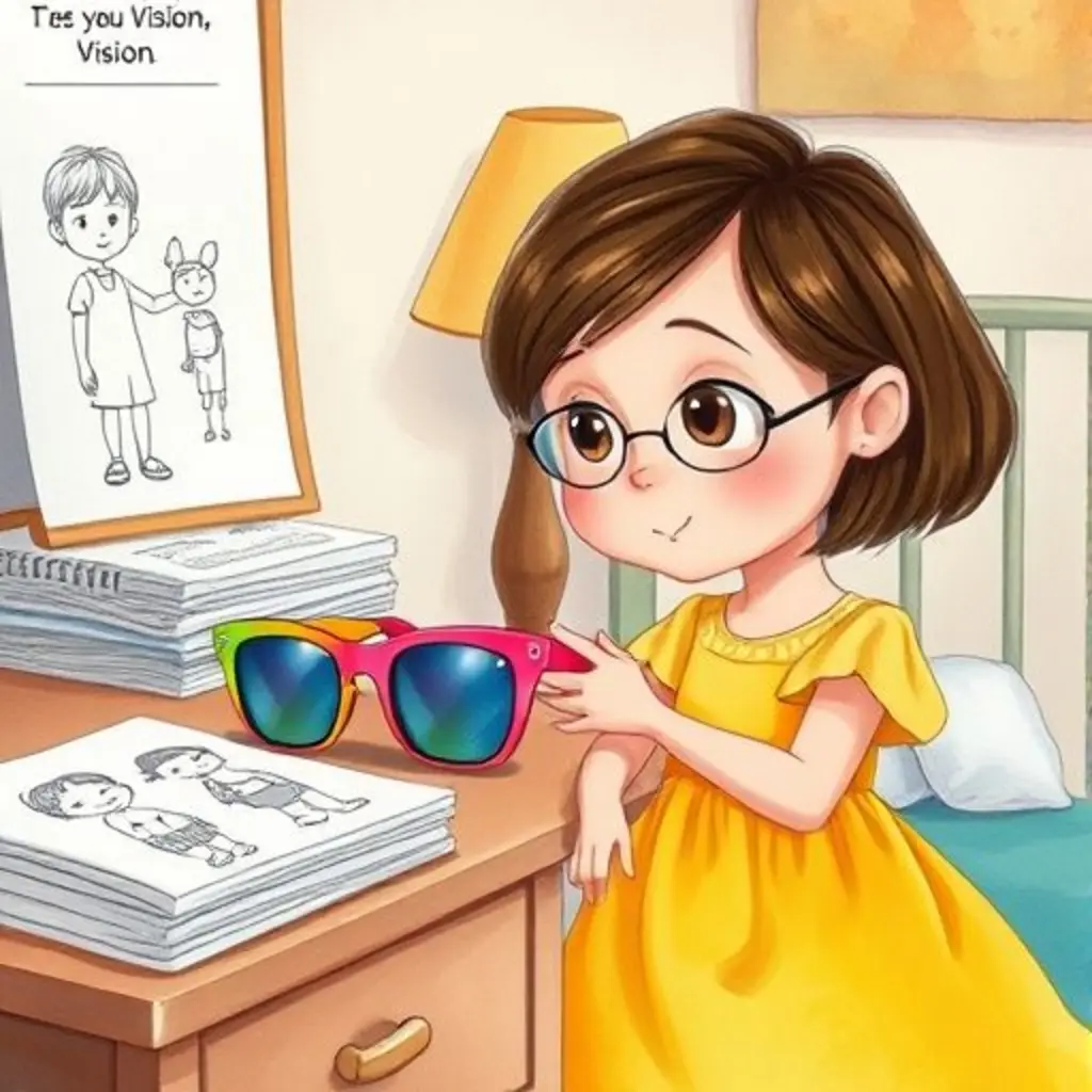 Una niña pequeña, Sofía, tomando unas gafas de sol de la mesita de noche.