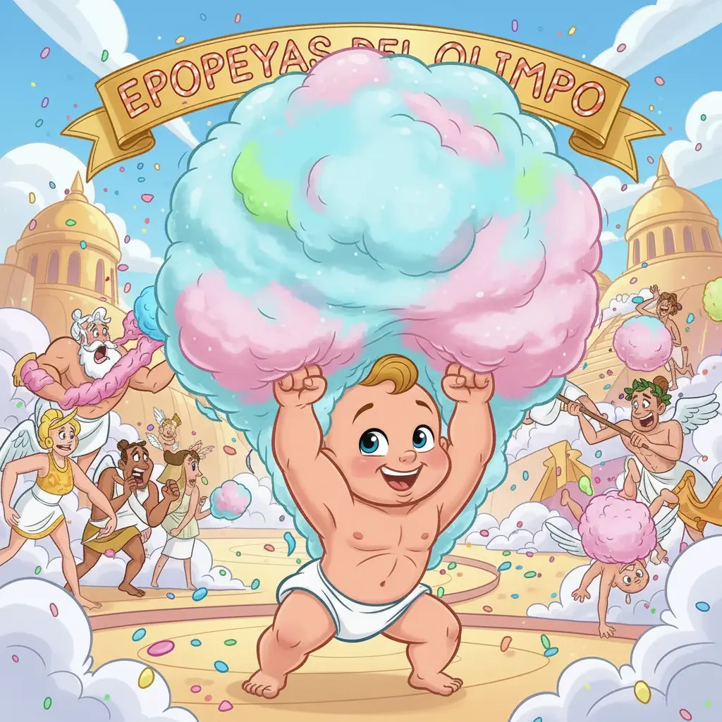 Hércules amasa una nube que crece y se estira como un globo.