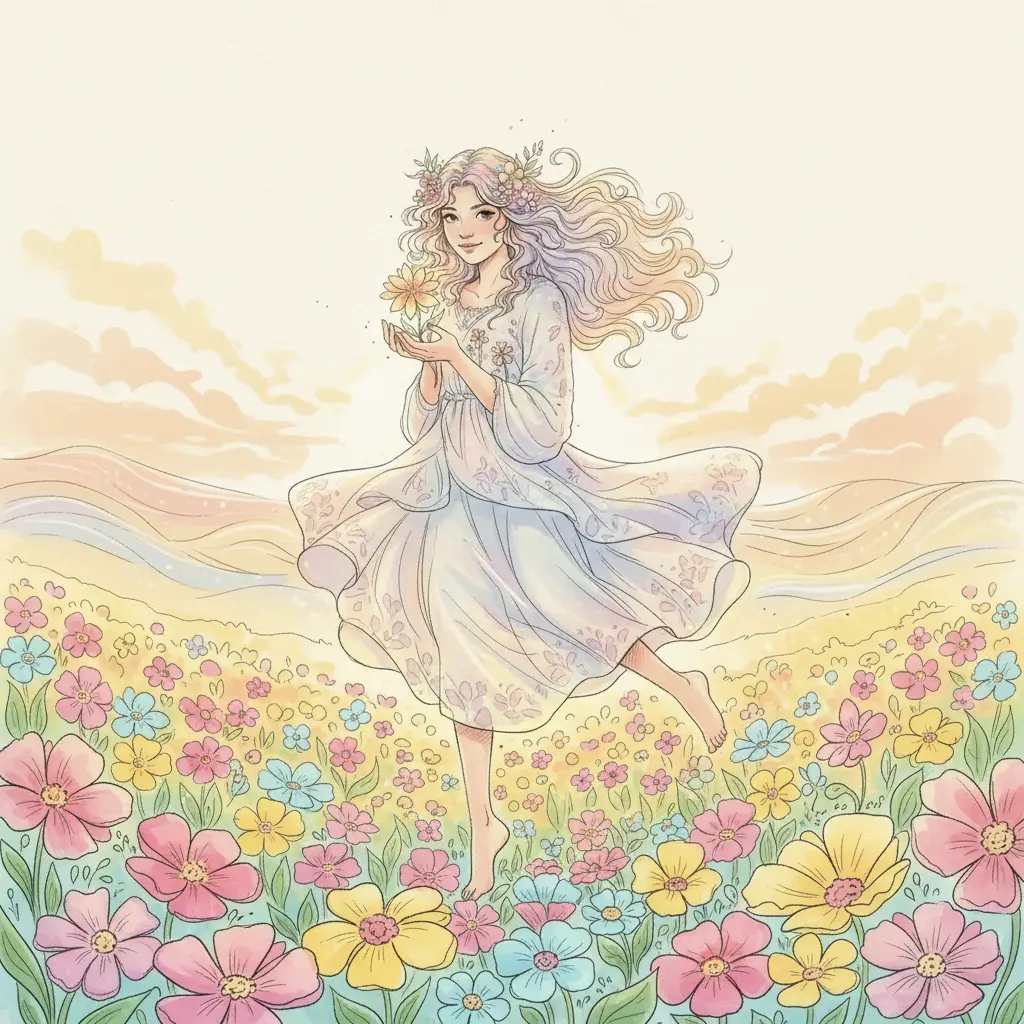 Perséfone ríe mientras las flores brotan a su paso en un campo lleno de color.