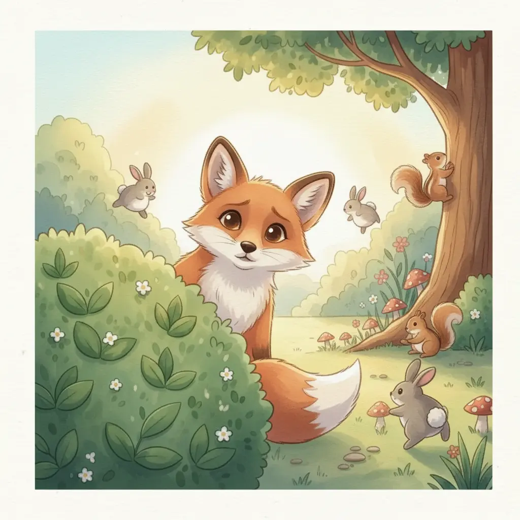 Zita, una zorra tímida, se esconde detrás de un arbusto observando a otros animales jugar.