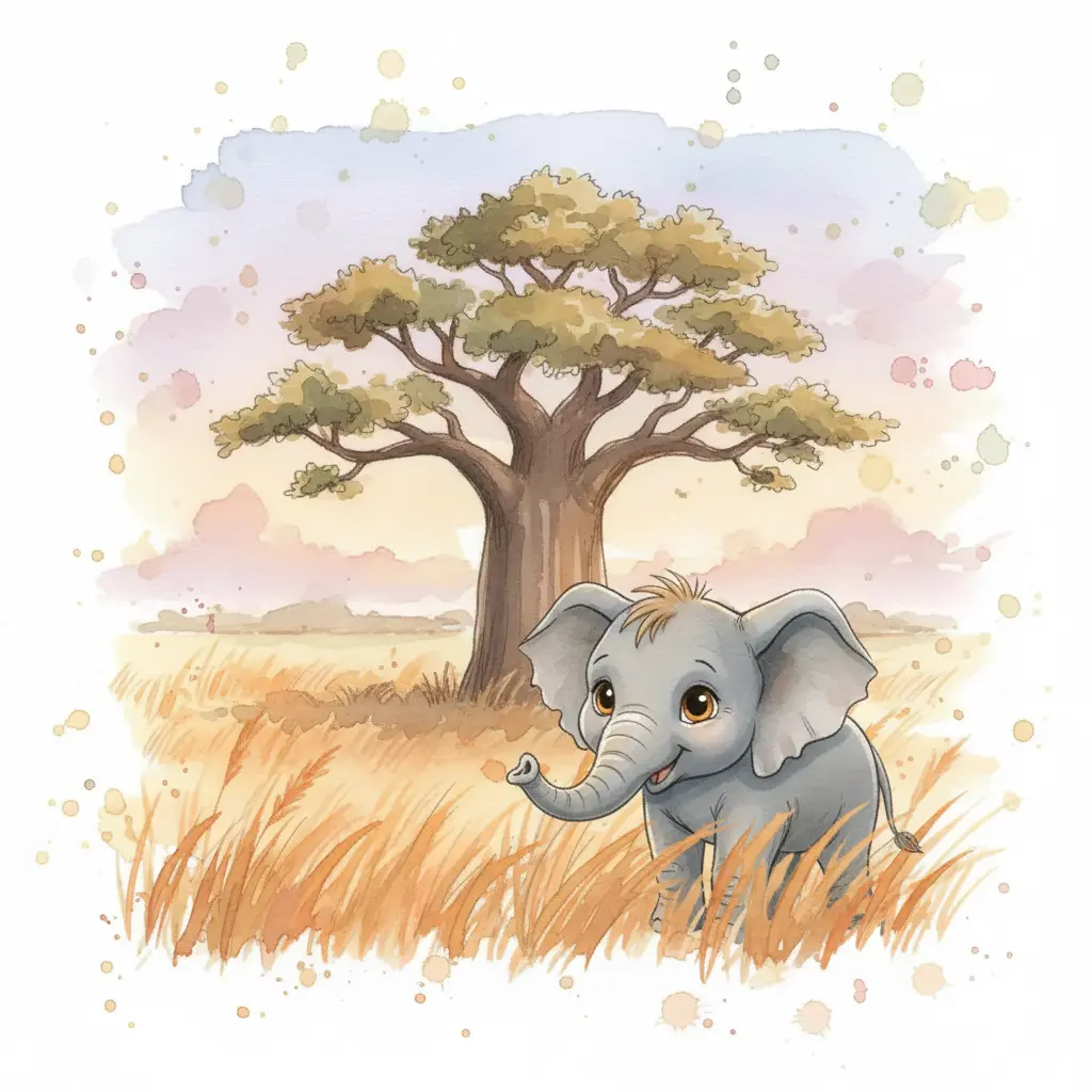 Un tierno elefante bebé gris completo, con ojos brillantes, saludando con su trompa en la sabana al atardecer.