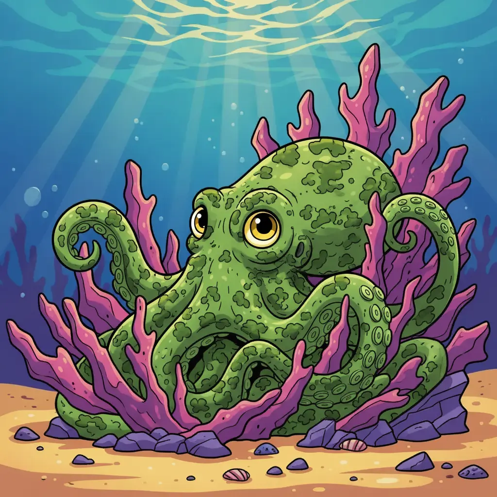 Un pulpo mimetizado perfectamente con una roca verdosa en el fondo del mar.