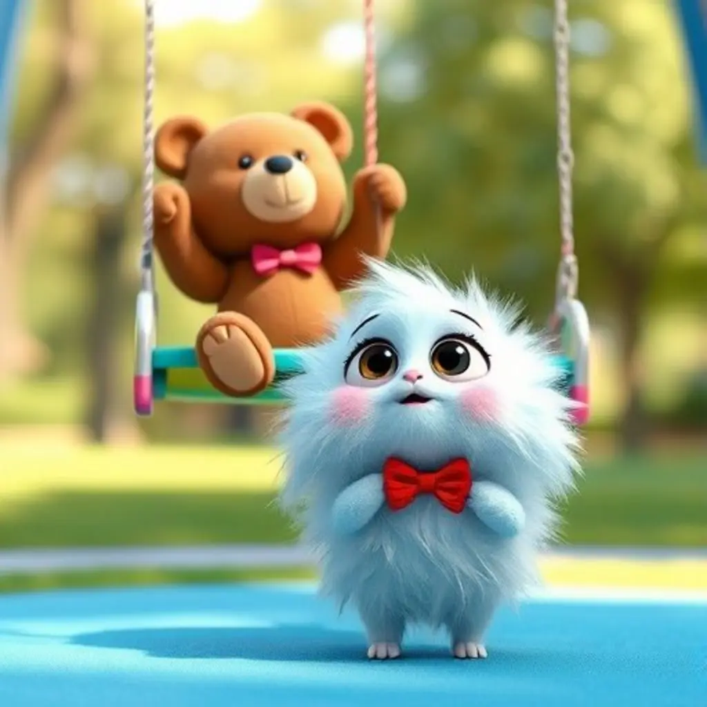 Pillo, un ovillo azul, mirando a un osito en un columpio.