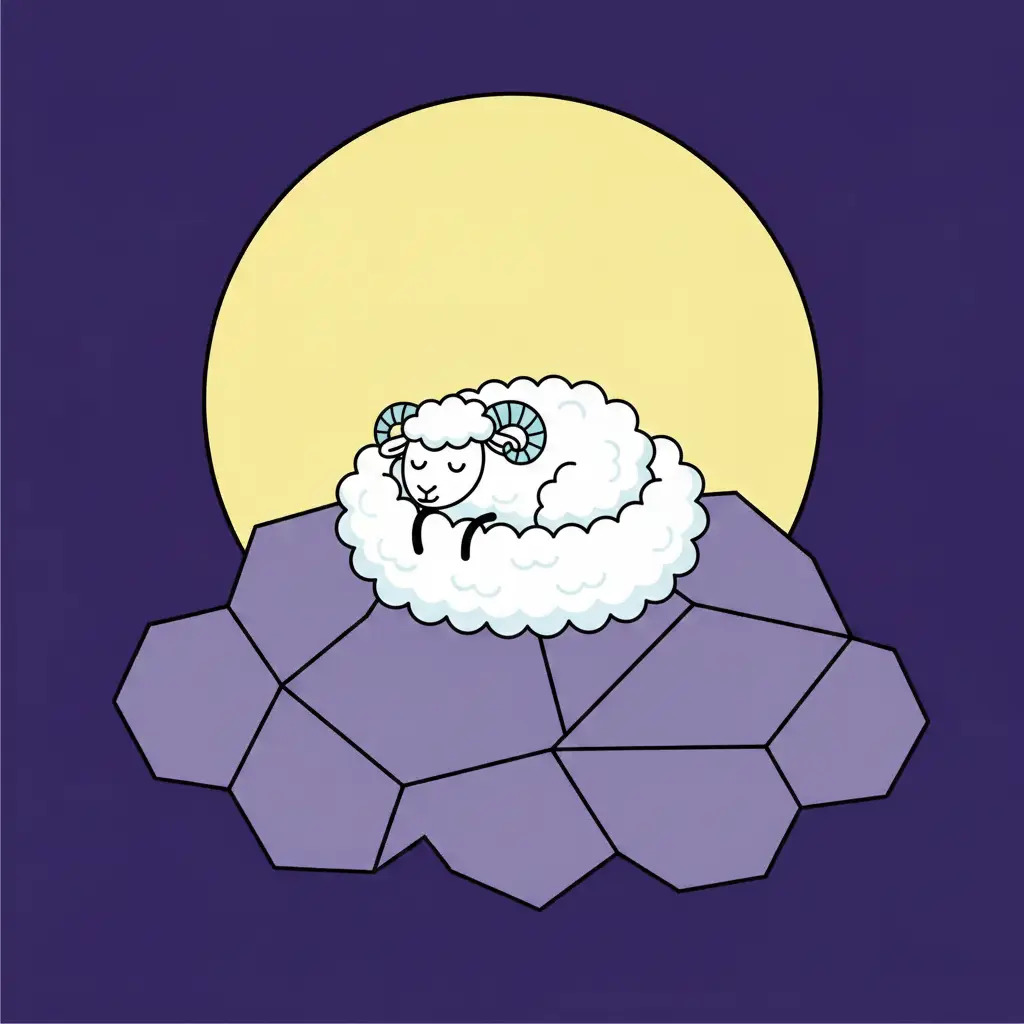 La ovejita Puff durmiendo plácidamente dentro de su nido de lana blanca bajo la luna.