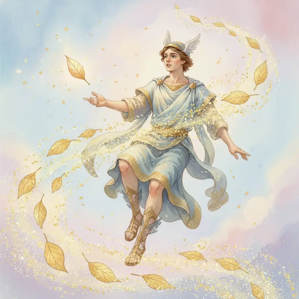 Hermes, con alegría, bate sus alas cerca de las hojitas perdidas, que ahora flotan hacia el cielo con un rastro dorado.