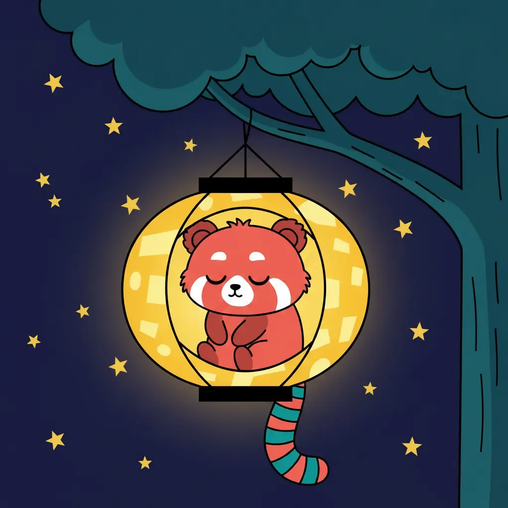 Rumi duerme plácidamente dentro del farol brillante que flota en el cielo nocturno estrellado.