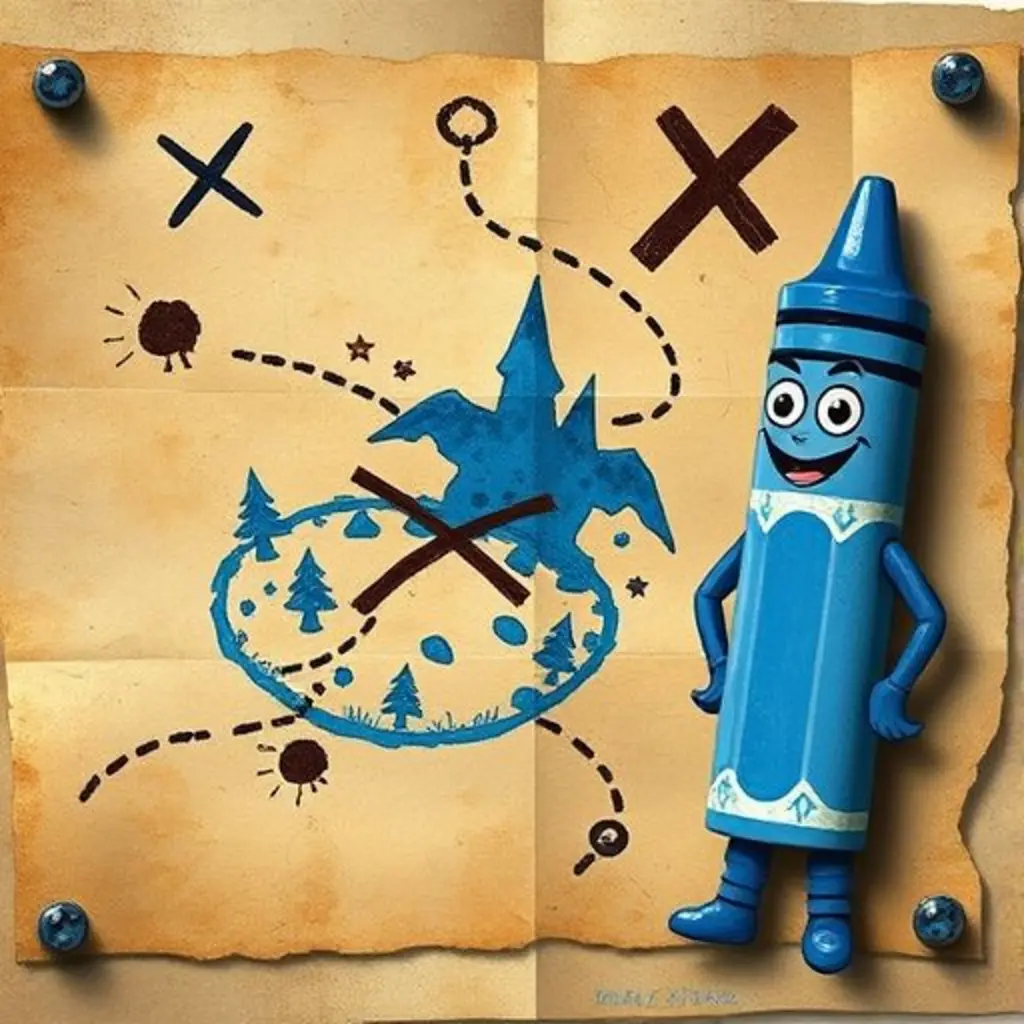 Azulín, el lápiz azul, completa un mapa del tesoro usando sus líneas rectas.
