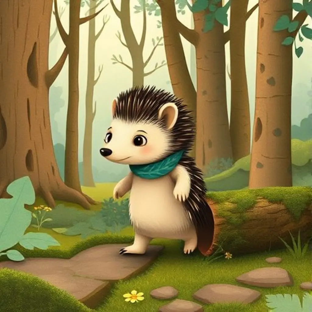 Púas, el erizo, camina pensativo por el bosque, cerca de un tronco caído.