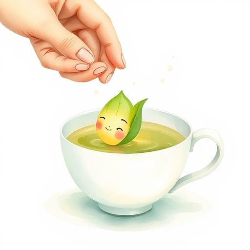 Verde the tea leaf is scooped into a teacup with warm water, beginning to change color and release her aroma.