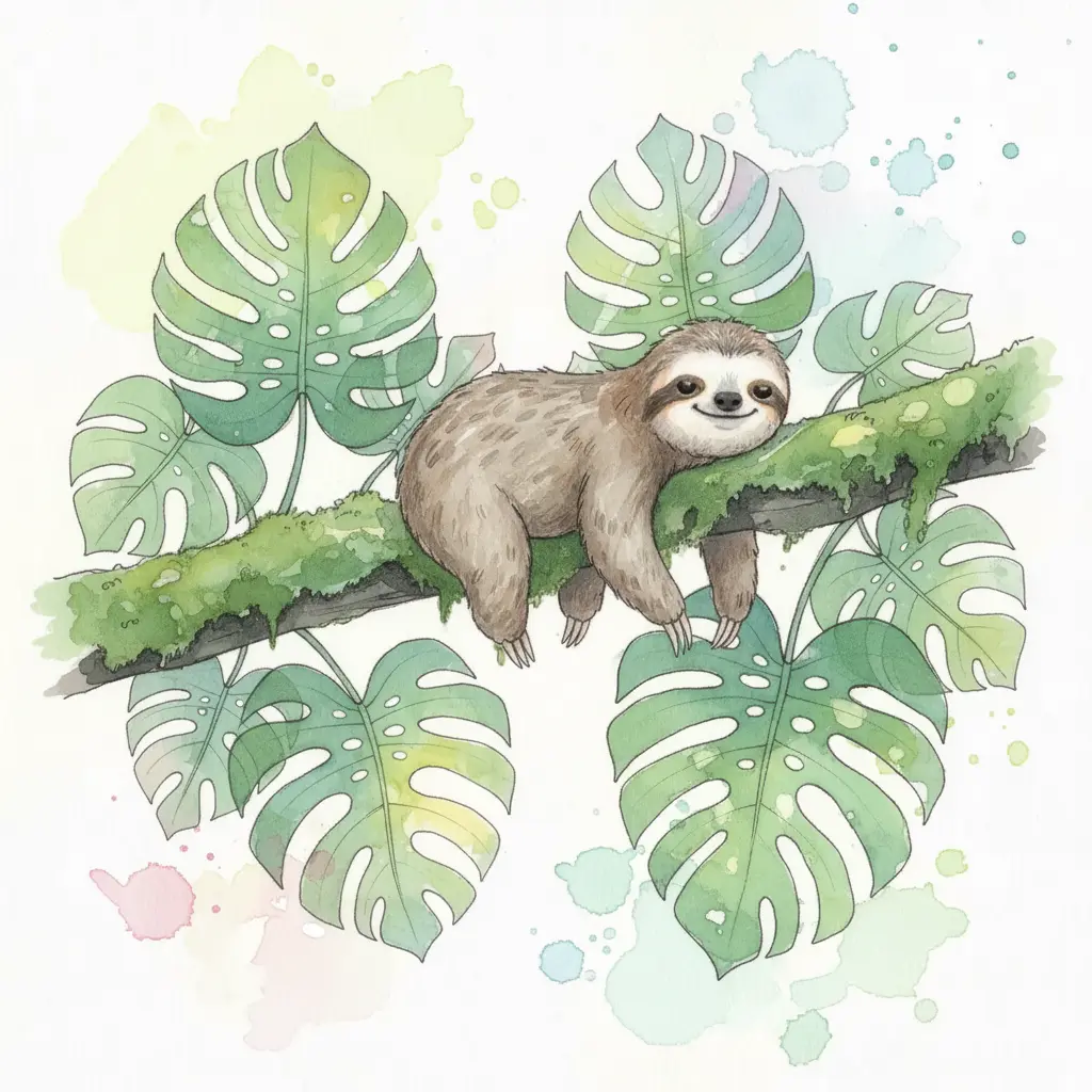 Un perezoso completo y sonriente abraza la rama bajo la luz del sol.