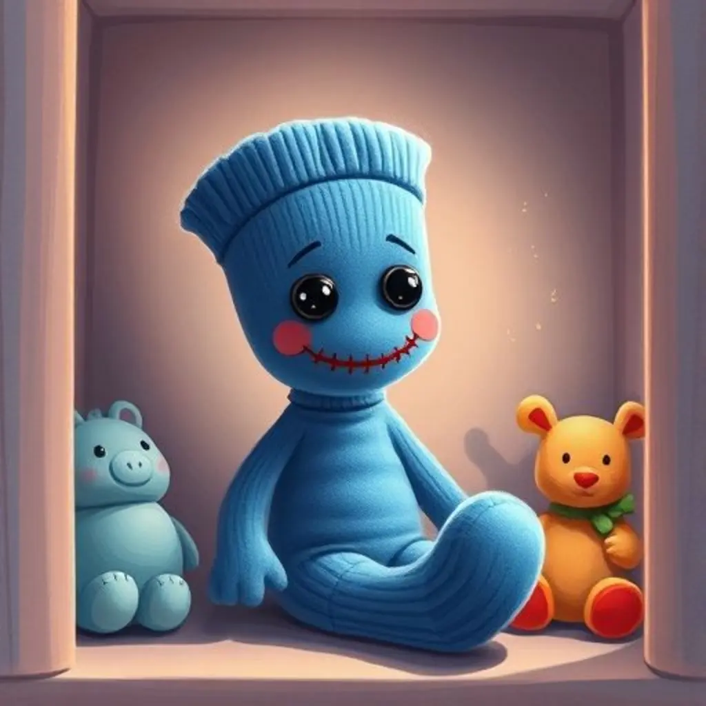 Imaginador, un calcetín azul con un agujero en el talón, sentado pensativo en un armario, con suspiros de aburrimiento flotando cerca.