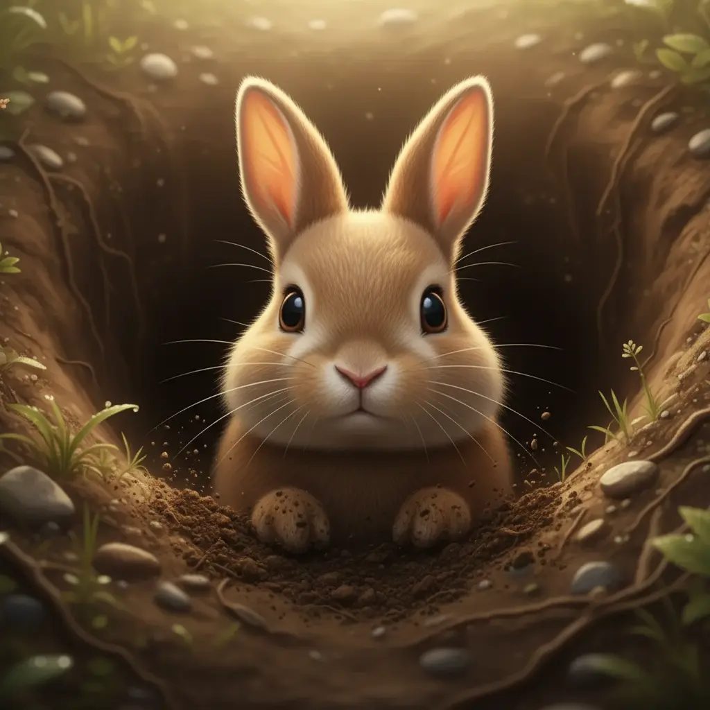 Un conejito pequeño, Saltador, cavando suavemente en la tierra oscura de su madriguera.