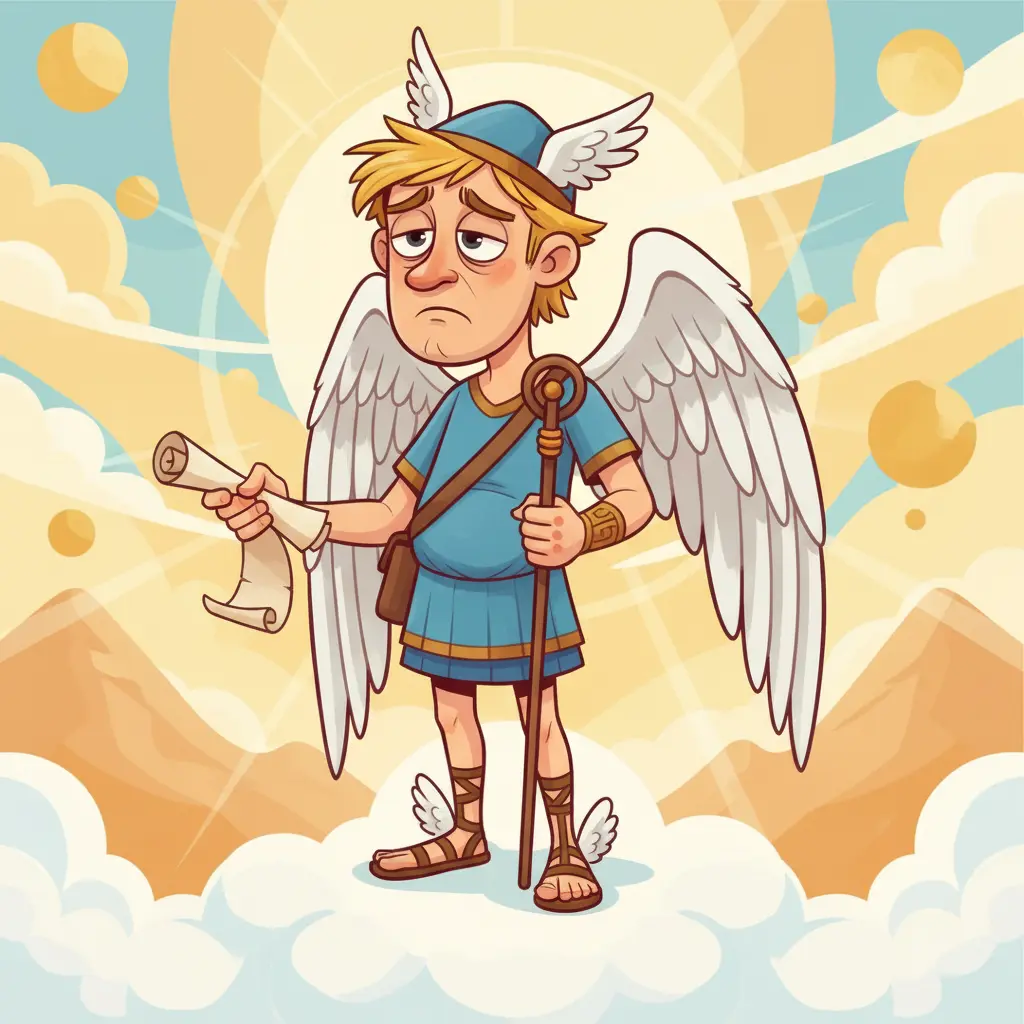 Hermes, el mensajero, parece aburrido mientras sostiene un pergamino en el Olimpo.