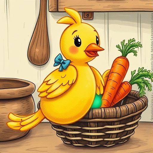 Patita Caliente, una manopla con forma de pájaro, toca una zanahoria.