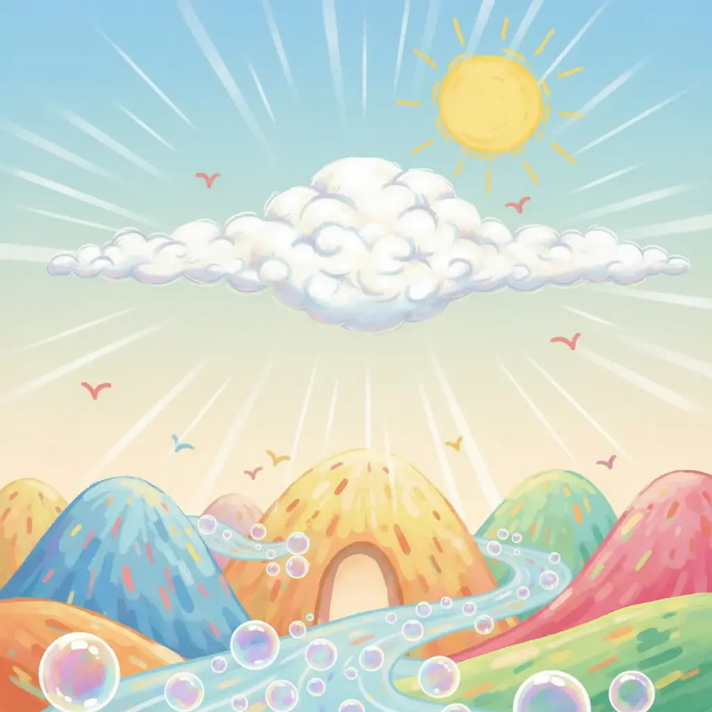 La nube, riendo, flota sobre ríos de burbujas gigantes y brillantes.