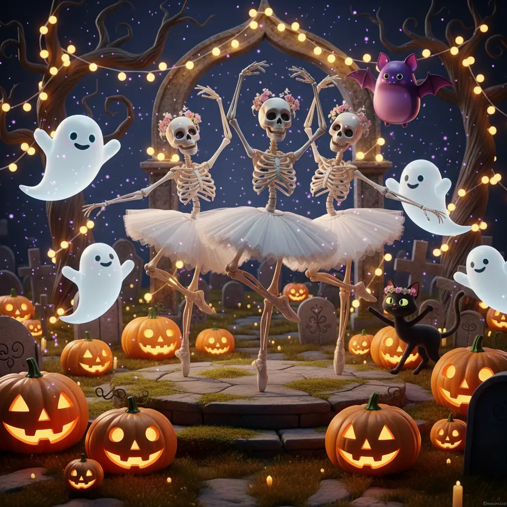 Todo el cementerio baila alegremente al ritmo de las calaveras y sus huesos musicales, lleno de luces cálidas.