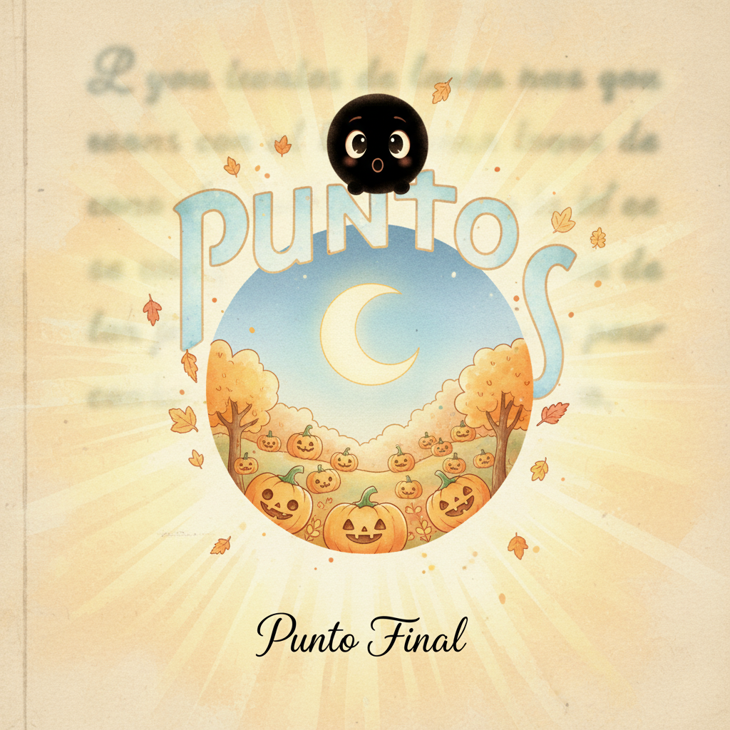 Punto Final, asombrado, mira a través de una palabra convertida en ventana a un mundo de calabazas sonrientes.