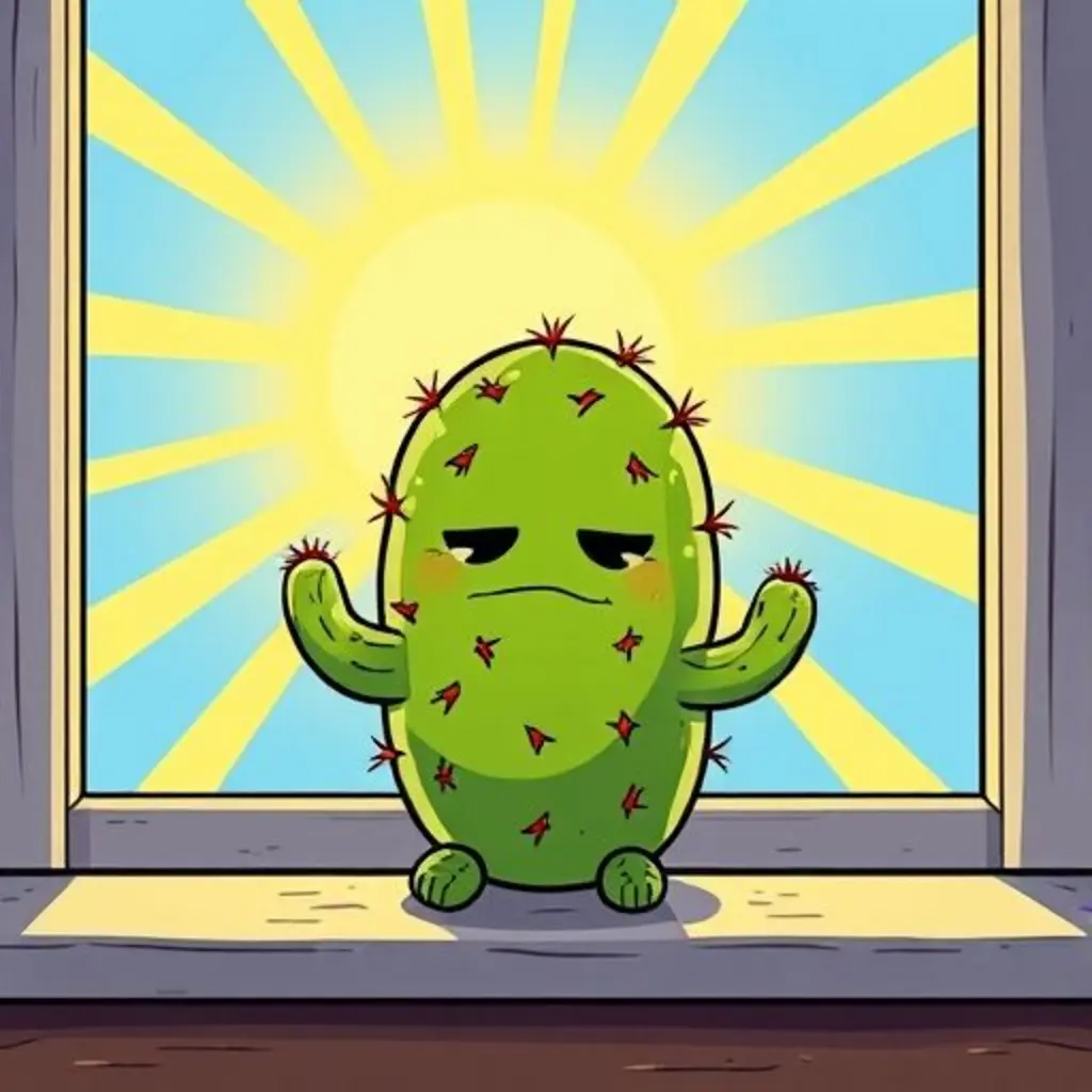 Un pequeño cactus verde llamado Espino en un alféizar soleado, con expresión de soledad.