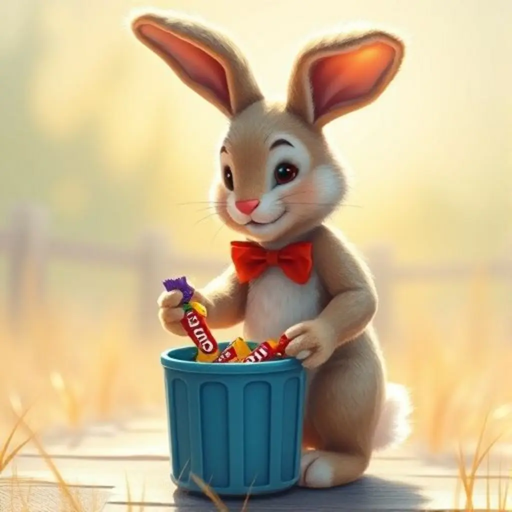 Tic-Tac, el conejito, coloca un papel de caramelo en un cubo de basura azul, mientras el niño Leo lo mira sonriendo.