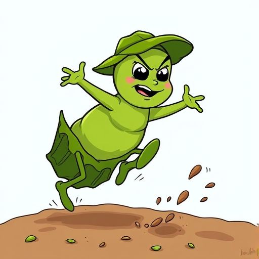 Pepito, un guisante verde con sombrero de hoja, salta de su vaina con una sonrisa traviesa.